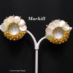 Vintage Mother of Pearl Marhill Clip on Earrings, 1940s, 1 1/8 Inches